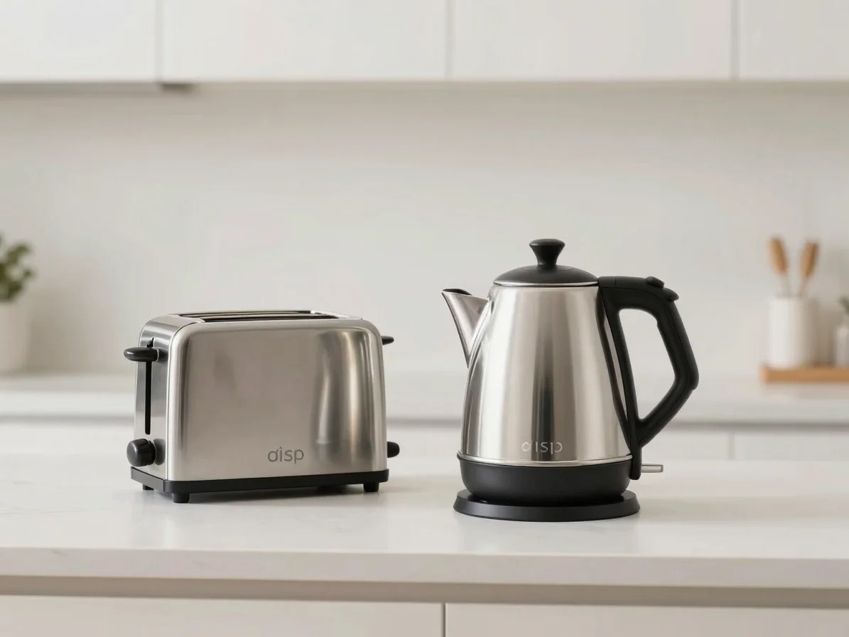 Crisp photograph of a sleek, silver electric kettle and matching