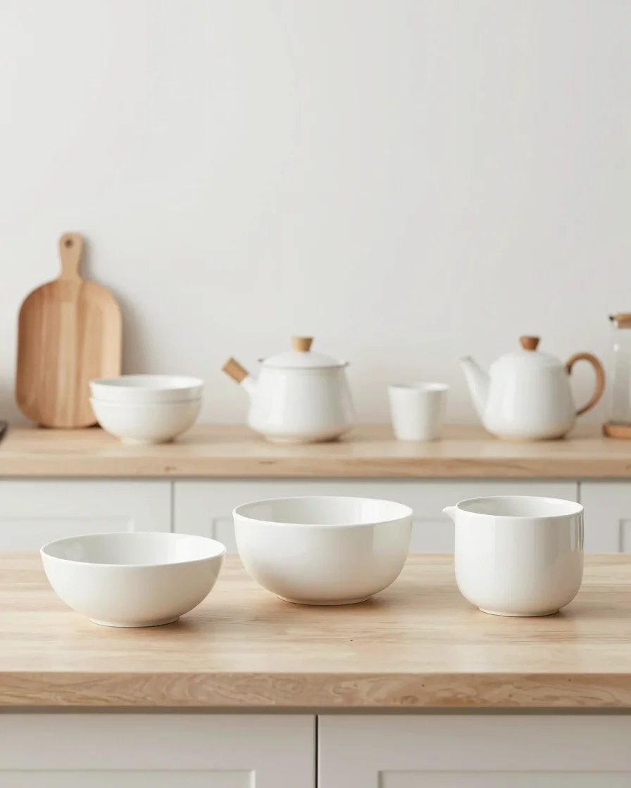 Clean, modern kitchen with neatly arranged white and wood kitchen