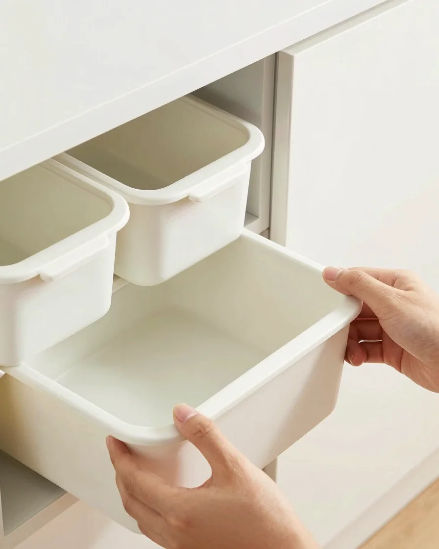 Close-up of hands organizing kitchen drawers with sleek, functional storage containers, high-key, soft studio lighting,